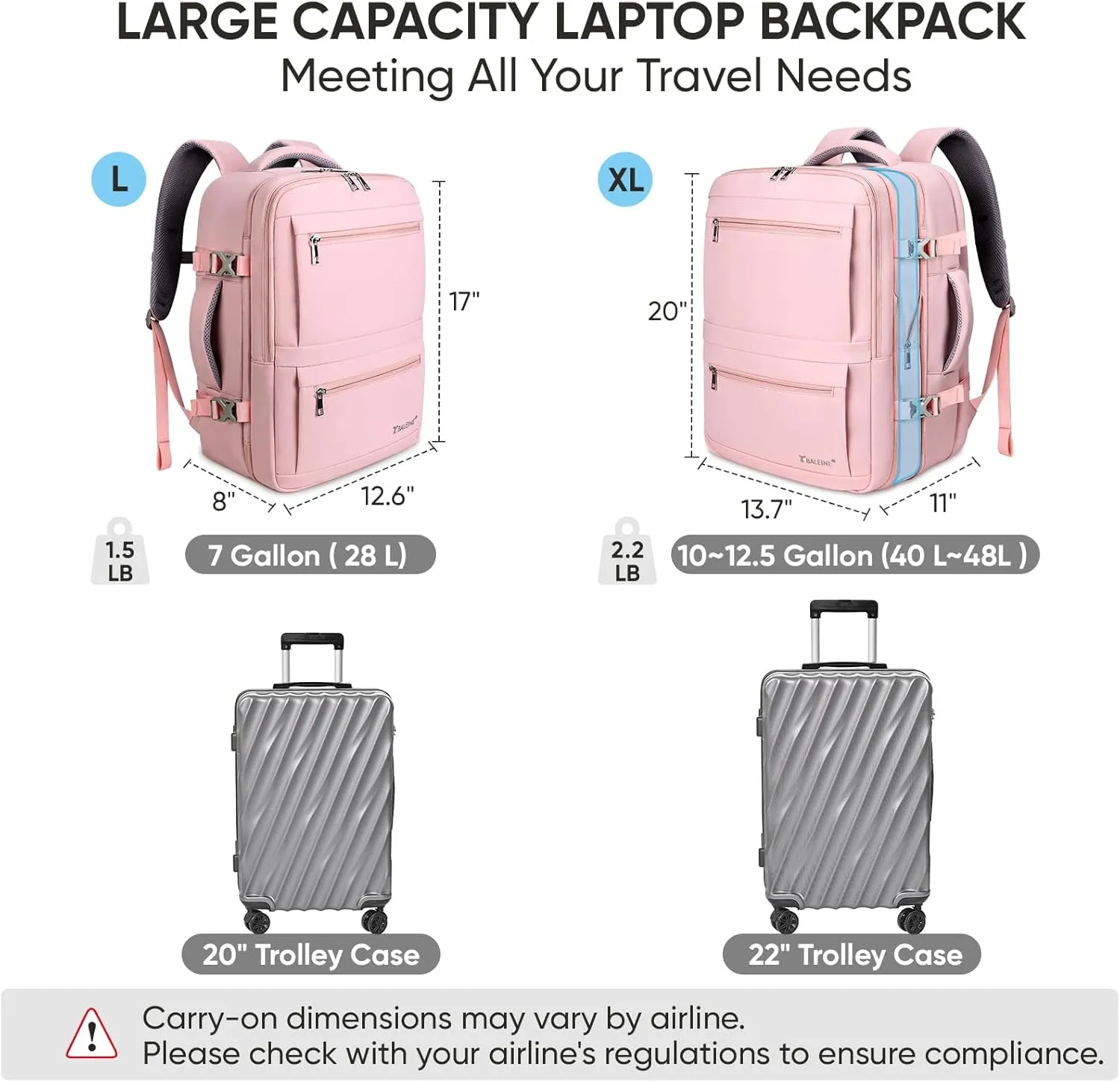 BALEINE Travel Backpack for Women Men, Large Sturdy Carry On Laptop Backpack Gifts for Business, Casual, Weekender, Hiking (XL, Pink)