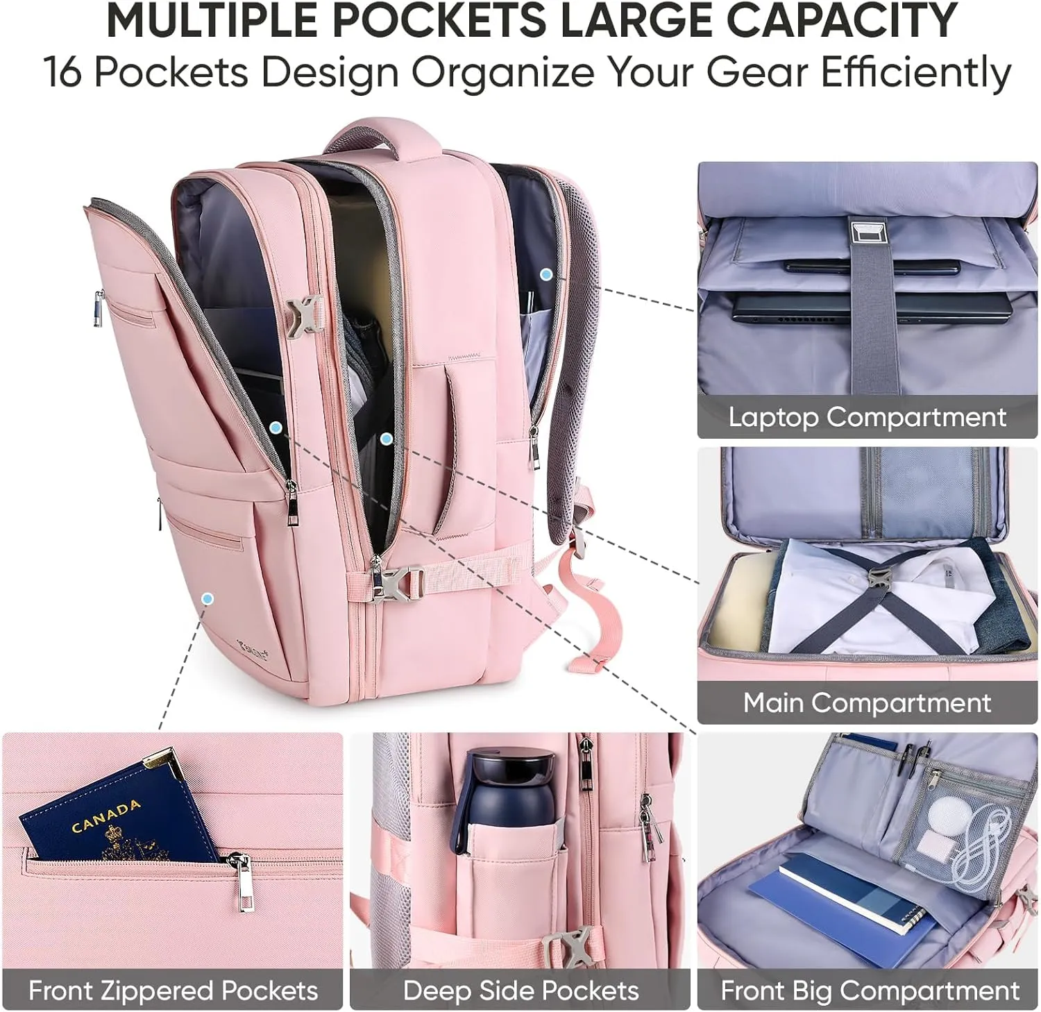 BALEINE Travel Backpack for Women Men, Large Sturdy Carry On Laptop Backpack Gifts for Business, Casual, Weekender, Hiking (XL, Pink)