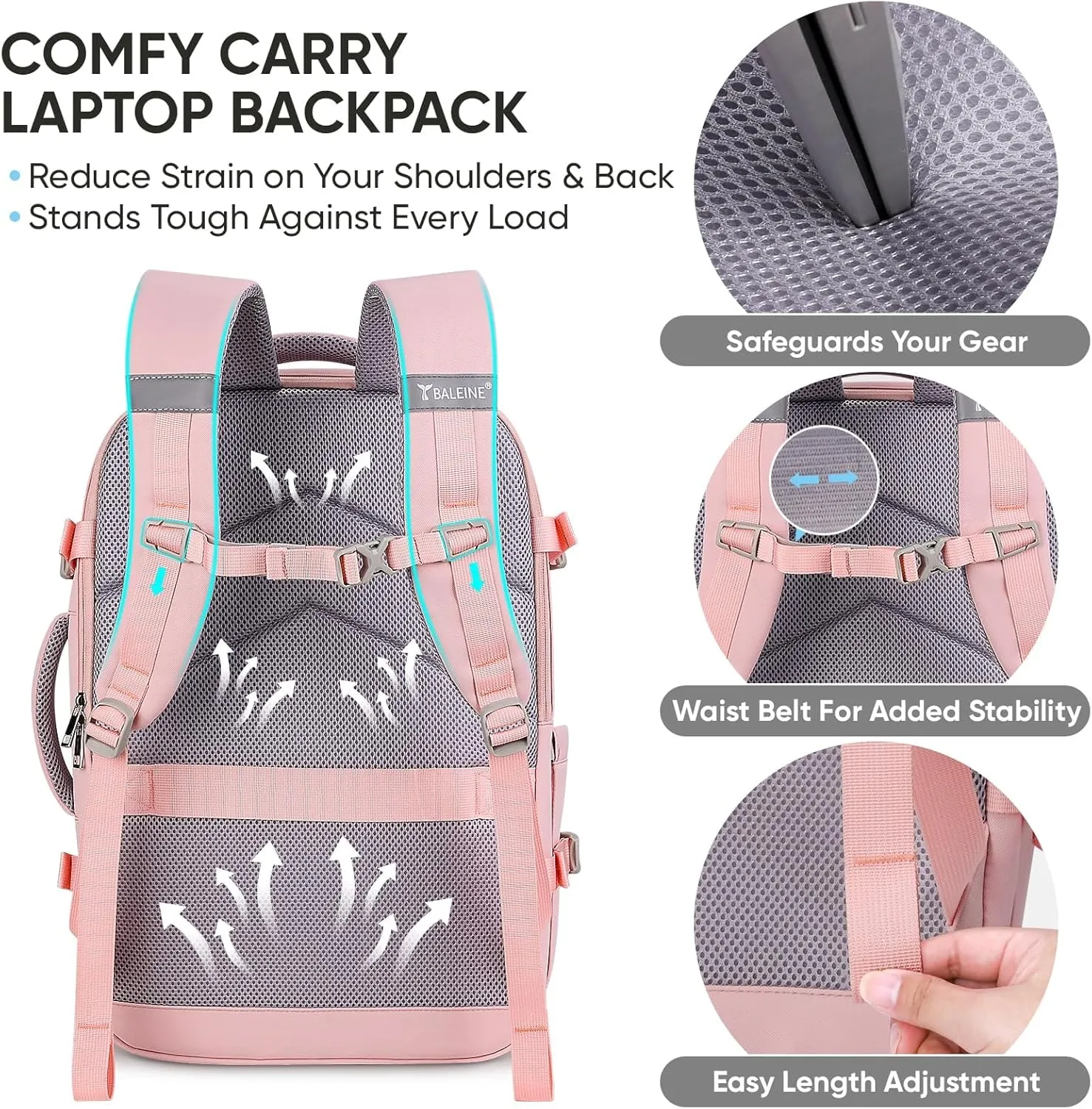 BALEINE Travel Backpack for Women Men, Large Sturdy Carry On Laptop Backpack Gifts for Business, Casual, Weekender, Hiking (XL, Pink)