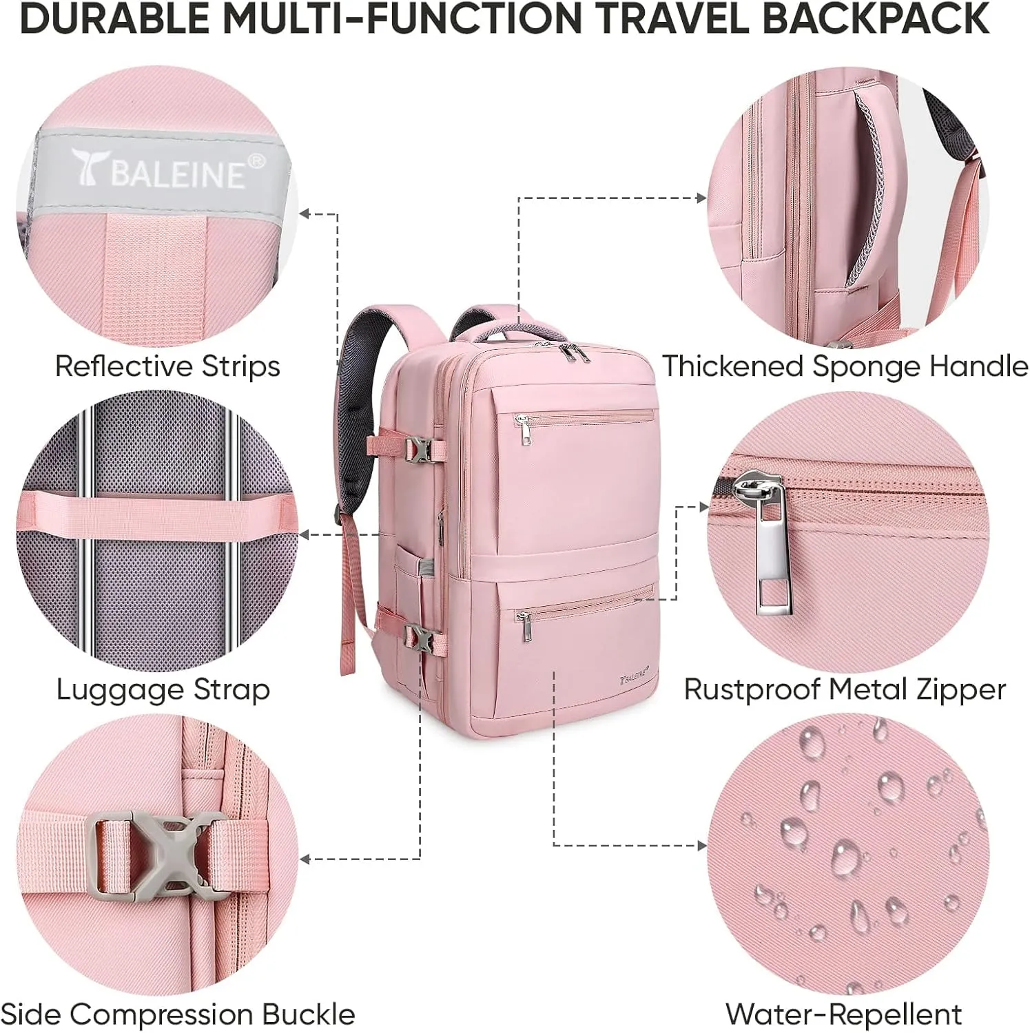 BALEINE Travel Backpack for Women Men, Large Sturdy Carry On Laptop Backpack Gifts for Business, Casual, Weekender, Hiking (XL, Pink)