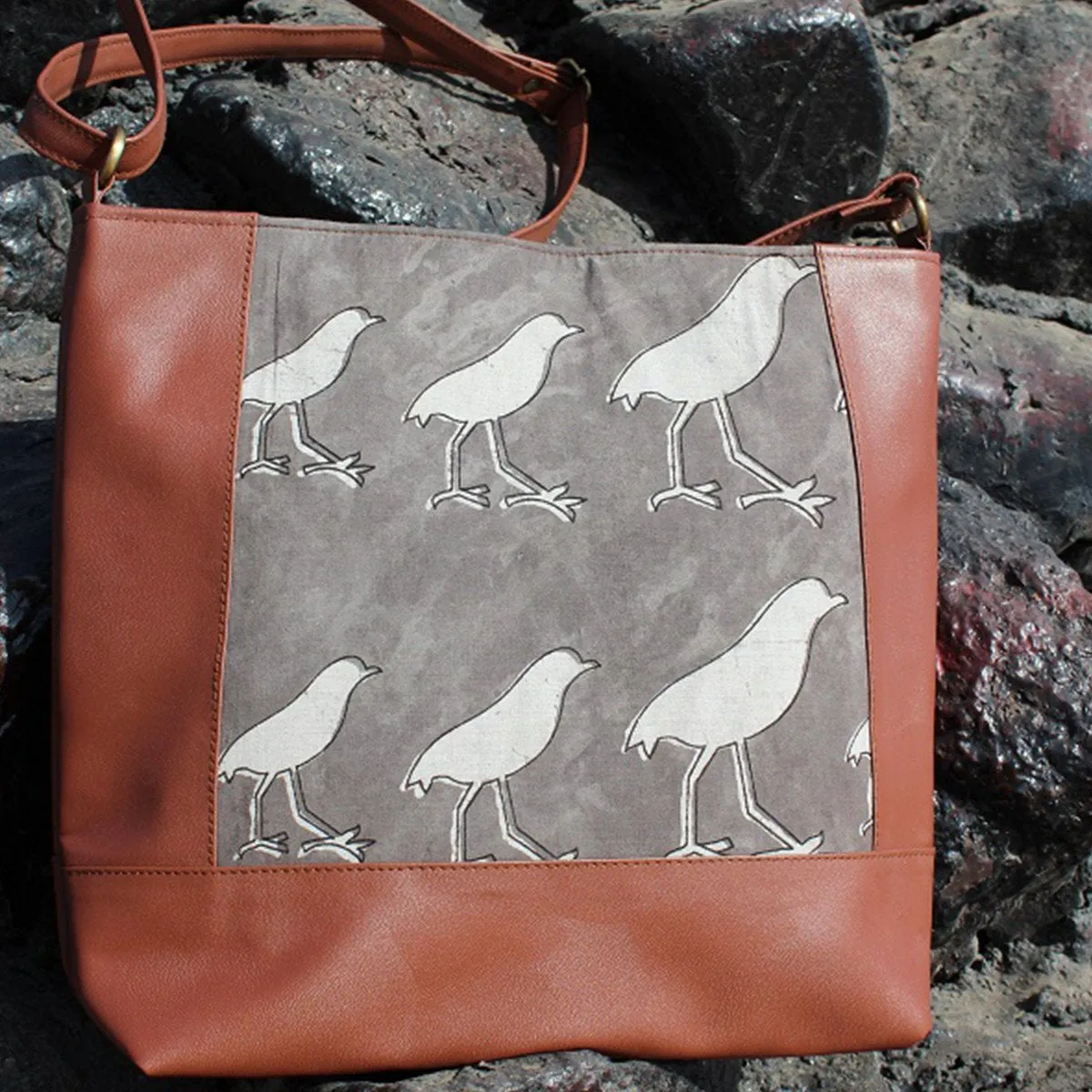 Dabu Print Faux Leather Dunnock Print Satchel (Matt Brown & Grey)