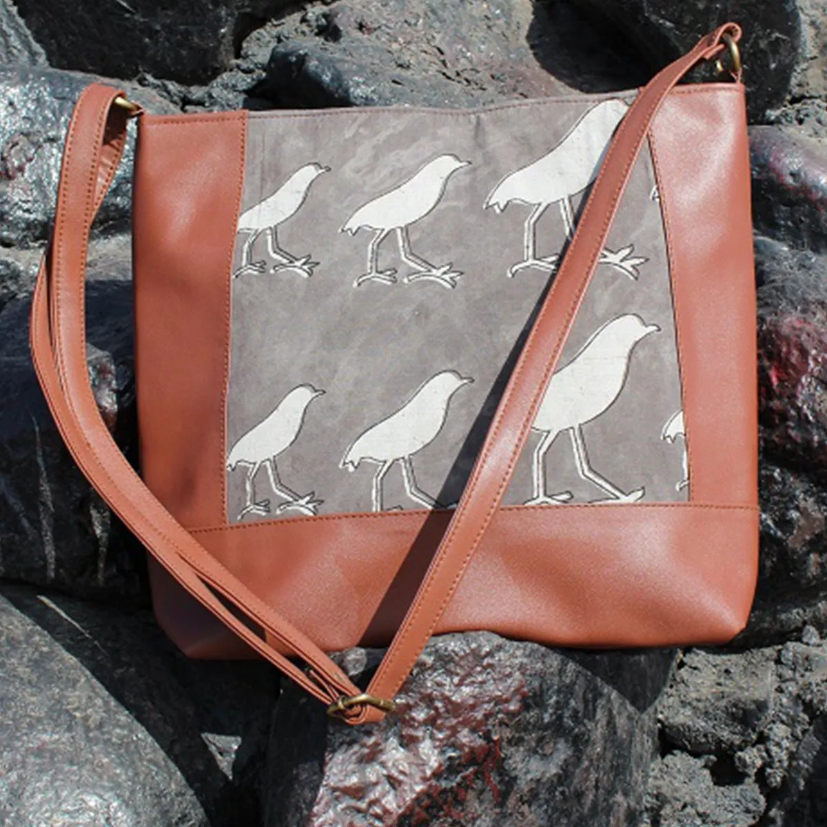 Dabu Print Faux Leather Dunnock Print Satchel (Matt Brown & Grey)