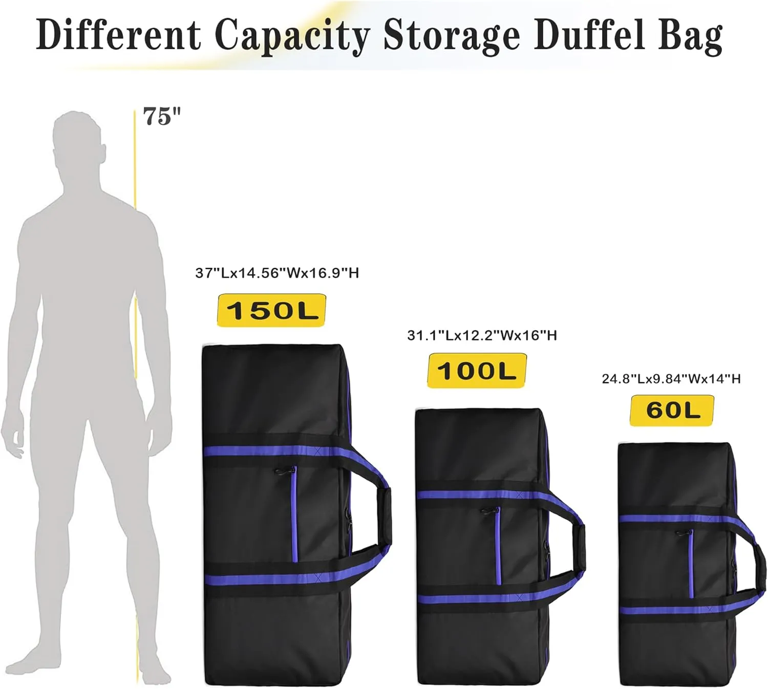 KUI WAN Duffle Bags for Travel Lightweight Travel Bag for Storage, Foldable Waterproof Duffel Bag for Overnight Camping Men Women, Blue, 60L-24.8 inches, Luggage- Carry-on Luggage