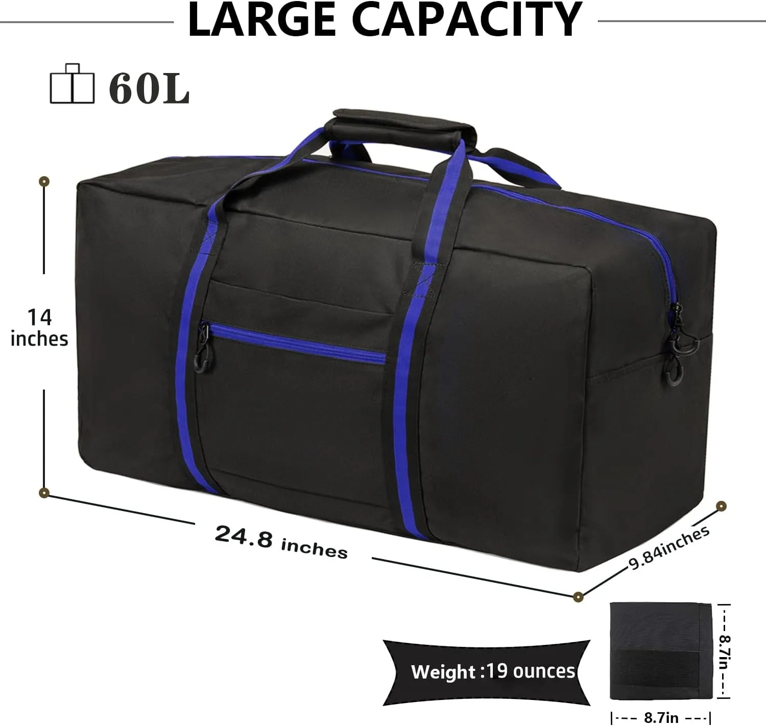 KUI WAN Duffle Bags for Travel Lightweight Travel Bag for Storage, Foldable Waterproof Duffel Bag for Overnight Camping Men Women, Blue, 60L-24.8 inches, Luggage- Carry-on Luggage