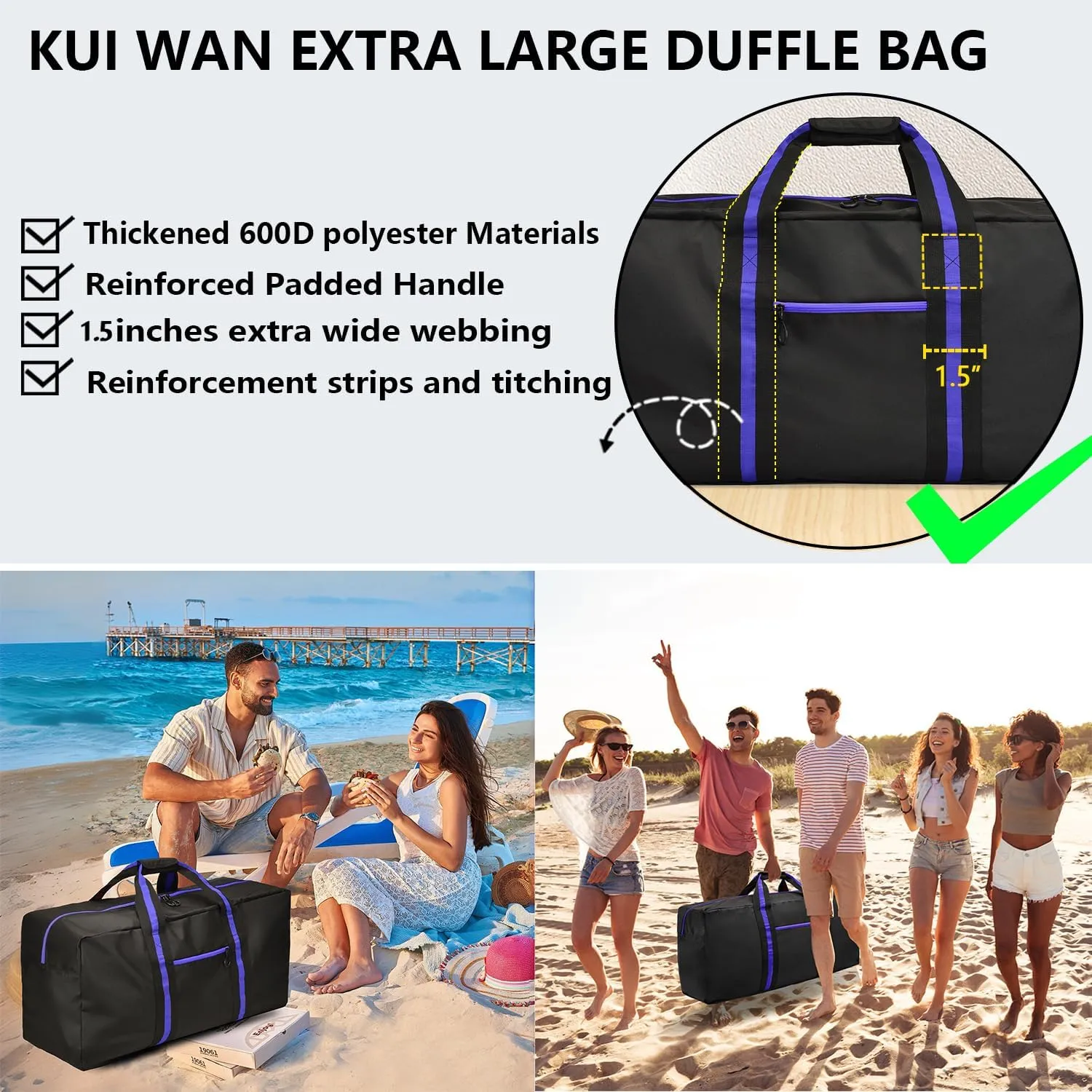 KUI WAN Duffle Bags for Travel Lightweight Travel Bag for Storage, Foldable Waterproof Duffel Bag for Overnight Camping Men Women, Blue, 60L-24.8 inches, Luggage- Carry-on Luggage