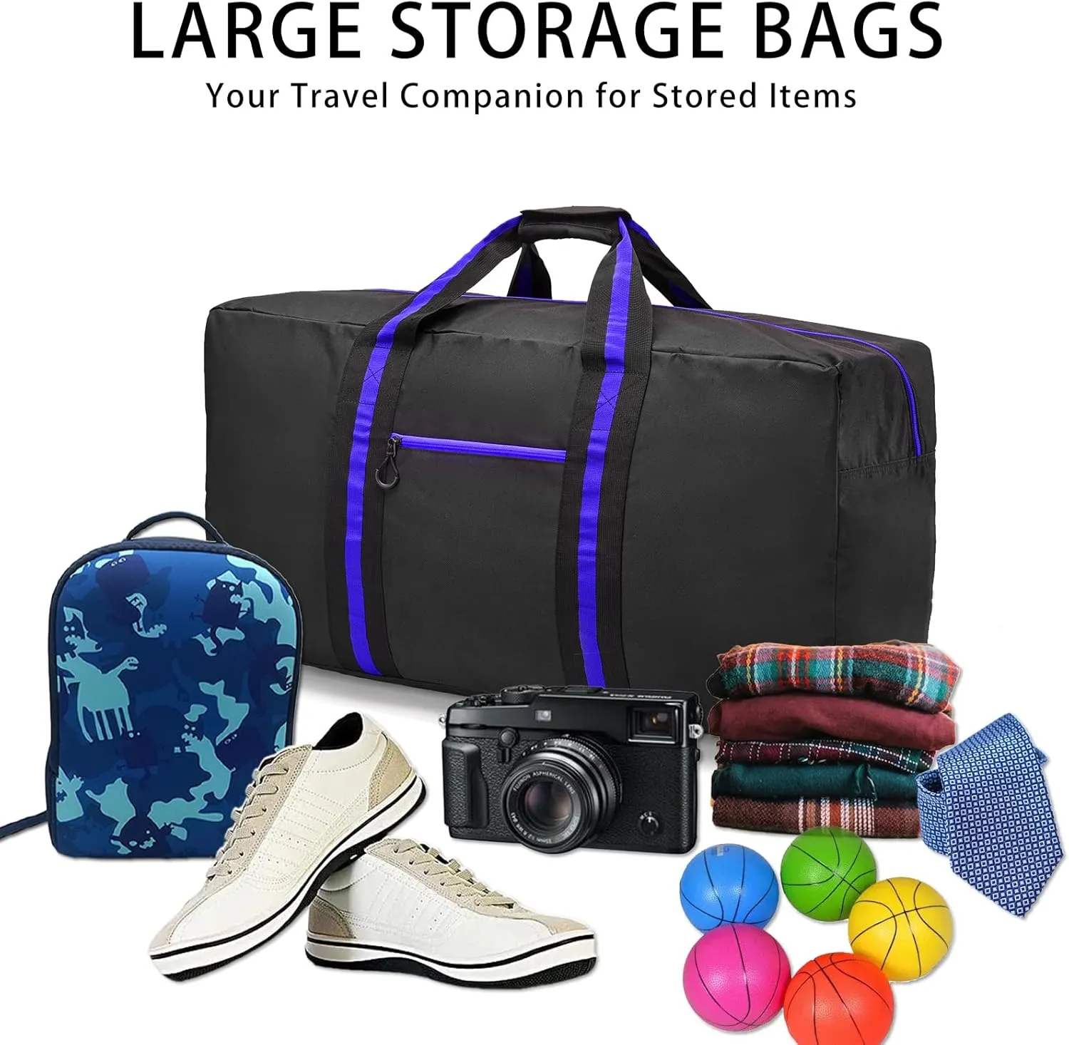 KUI WAN Duffle Bags for Travel Lightweight Travel Bag for Storage, Foldable Waterproof Duffel Bag for Overnight Camping Men Women, Blue, 60L-24.8 inches, Luggage- Carry-on Luggage