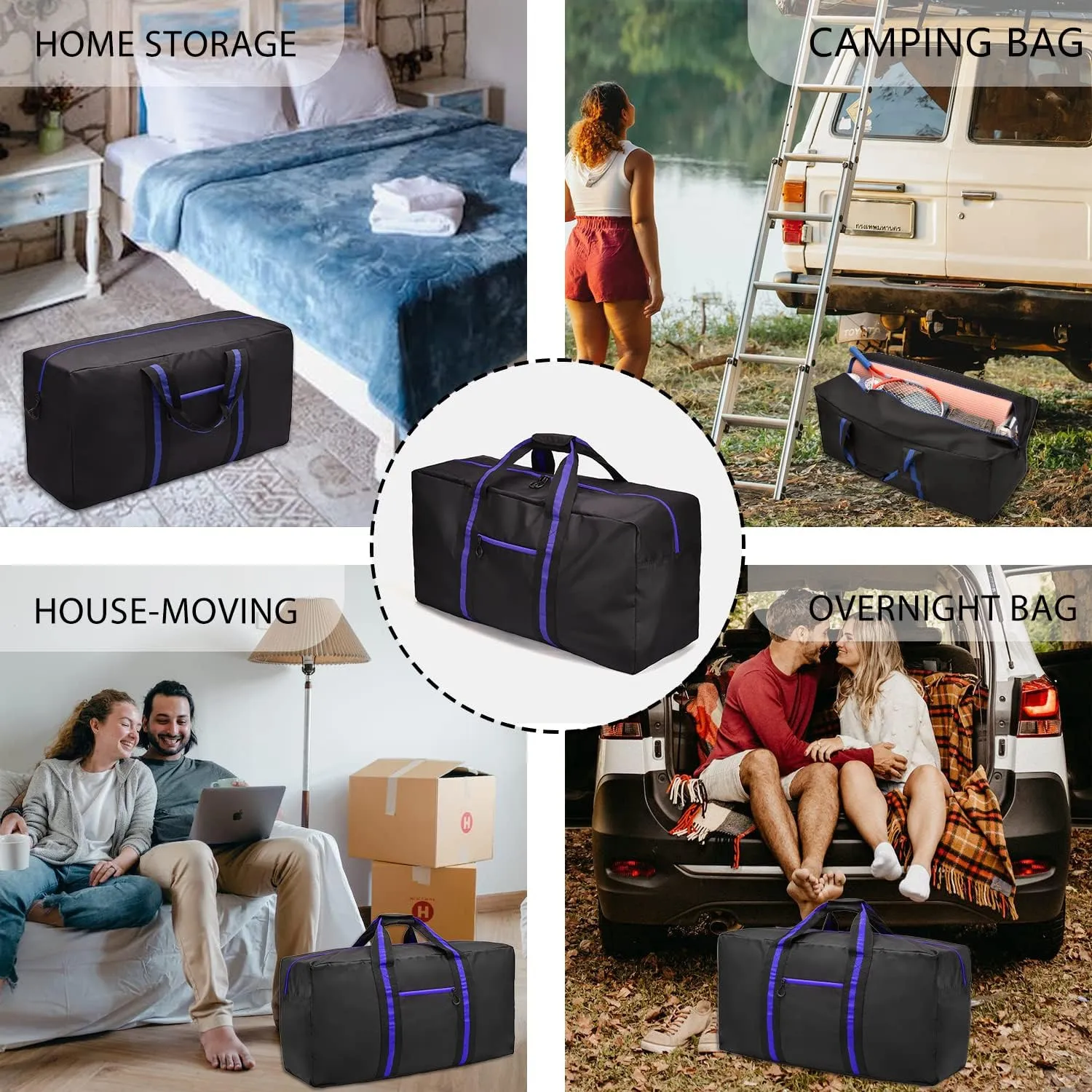 KUI WAN Duffle Bags for Travel Lightweight Travel Bag for Storage, Foldable Waterproof Duffel Bag for Overnight Camping Men Women, Blue, 60L-24.8 inches, Luggage- Carry-on Luggage