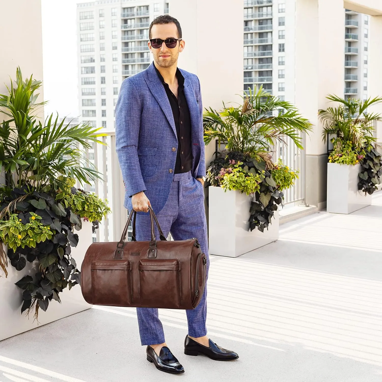Leather Garment Bag for Travel, Modoker Carry On Suit Carrier Travel Bag with Shoulder Strap/Multiple Pockets - Ideal for Business Trips & Weekend Getaways - The Garment Duffel Bag for Traveling Men,