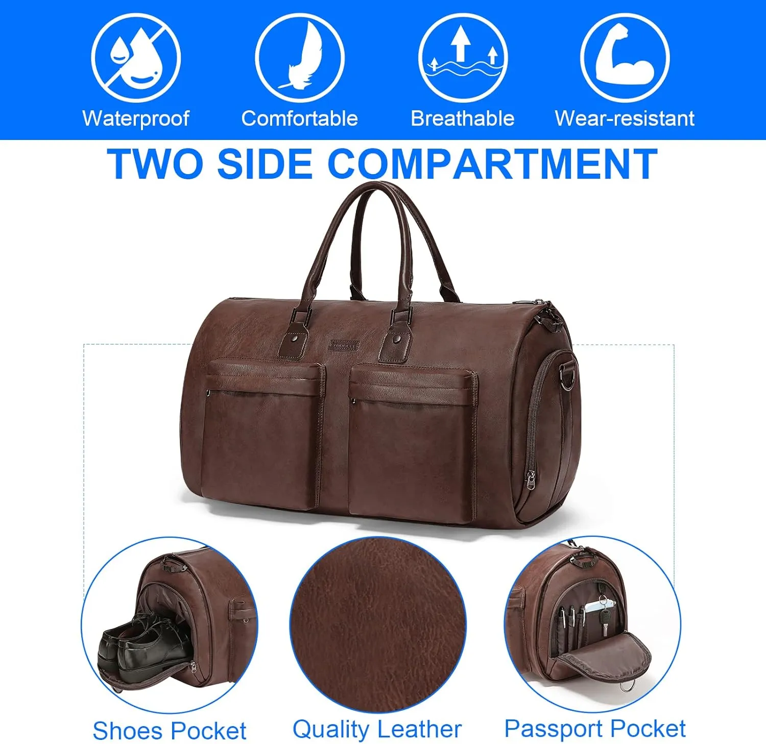 Leather Garment Bag for Travel, Modoker Carry On Suit Carrier Travel Bag with Shoulder Strap/Multiple Pockets - Ideal for Business Trips & Weekend Getaways - The Garment Duffel Bag for Traveling Men,
