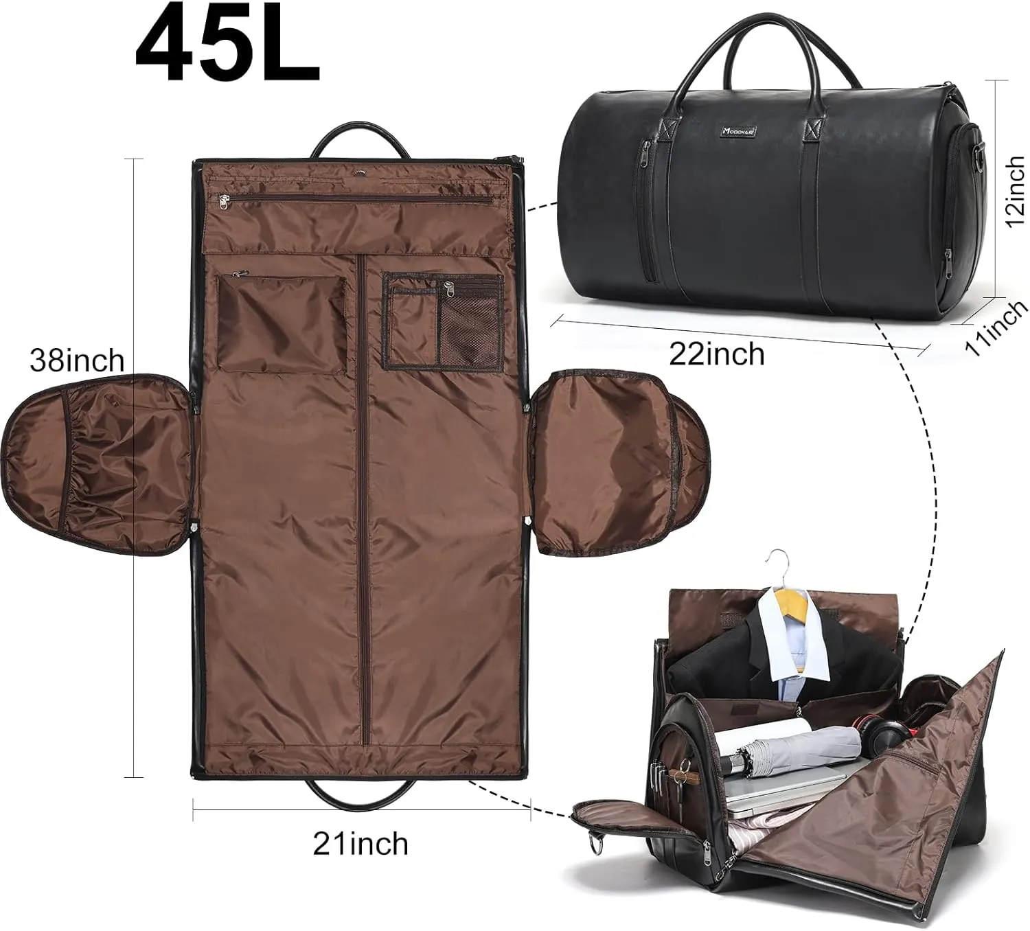 Leather Garment Bag for Travel, Modoker Carry On Suit Carrier Travel Bag with Shoulder Strap/Multiple Pockets - Ideal for Business Trips & Weekend Getaways - The Garment Duffel Bag for Traveling Men,