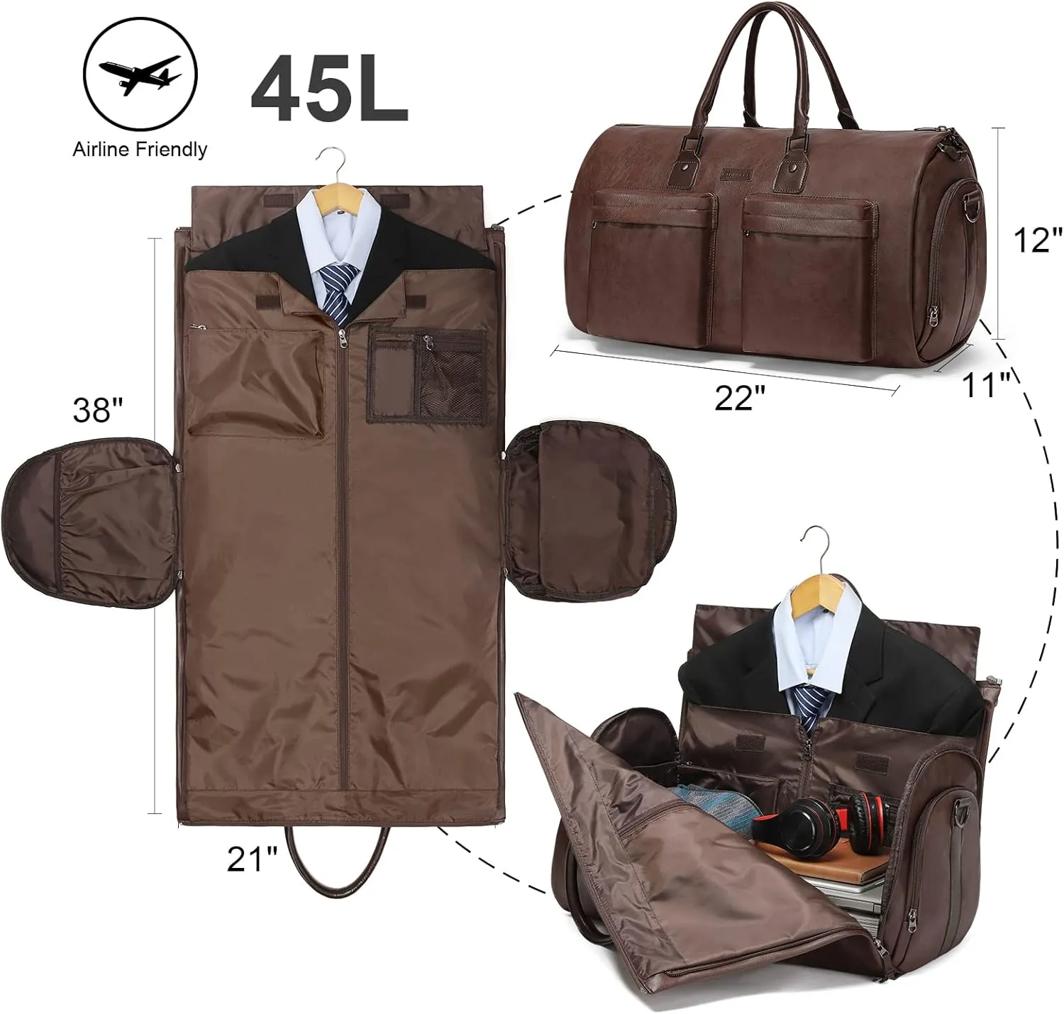 Leather Garment Bag for Travel, Modoker Carry On Suit Carrier Travel Bag with Shoulder Strap/Multiple Pockets - Ideal for Business Trips & Weekend Getaways - The Garment Duffel Bag for Traveling Men,