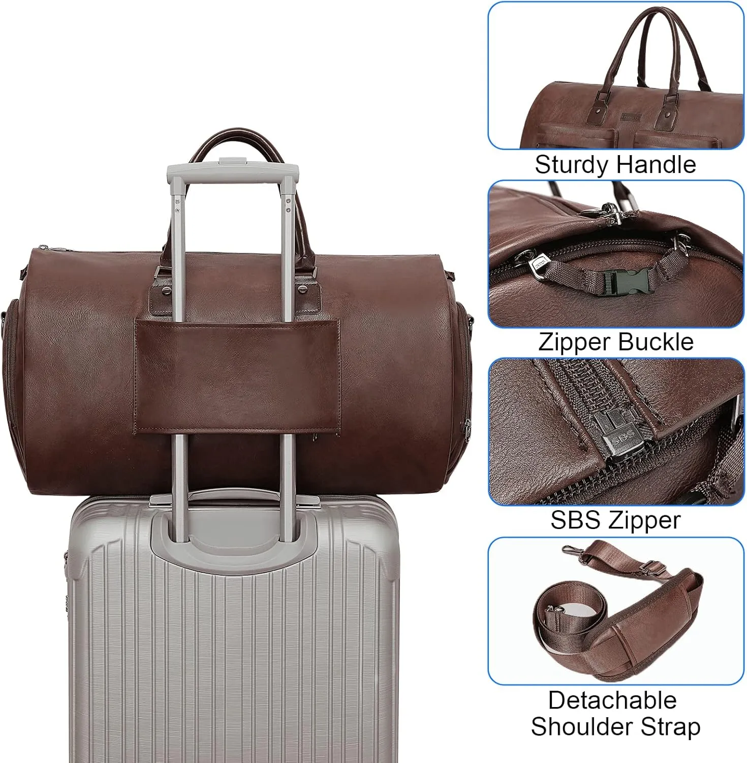 Leather Garment Bag for Travel, Modoker Carry On Suit Carrier Travel Bag with Shoulder Strap/Multiple Pockets - Ideal for Business Trips & Weekend Getaways - The Garment Duffel Bag for Traveling Men,