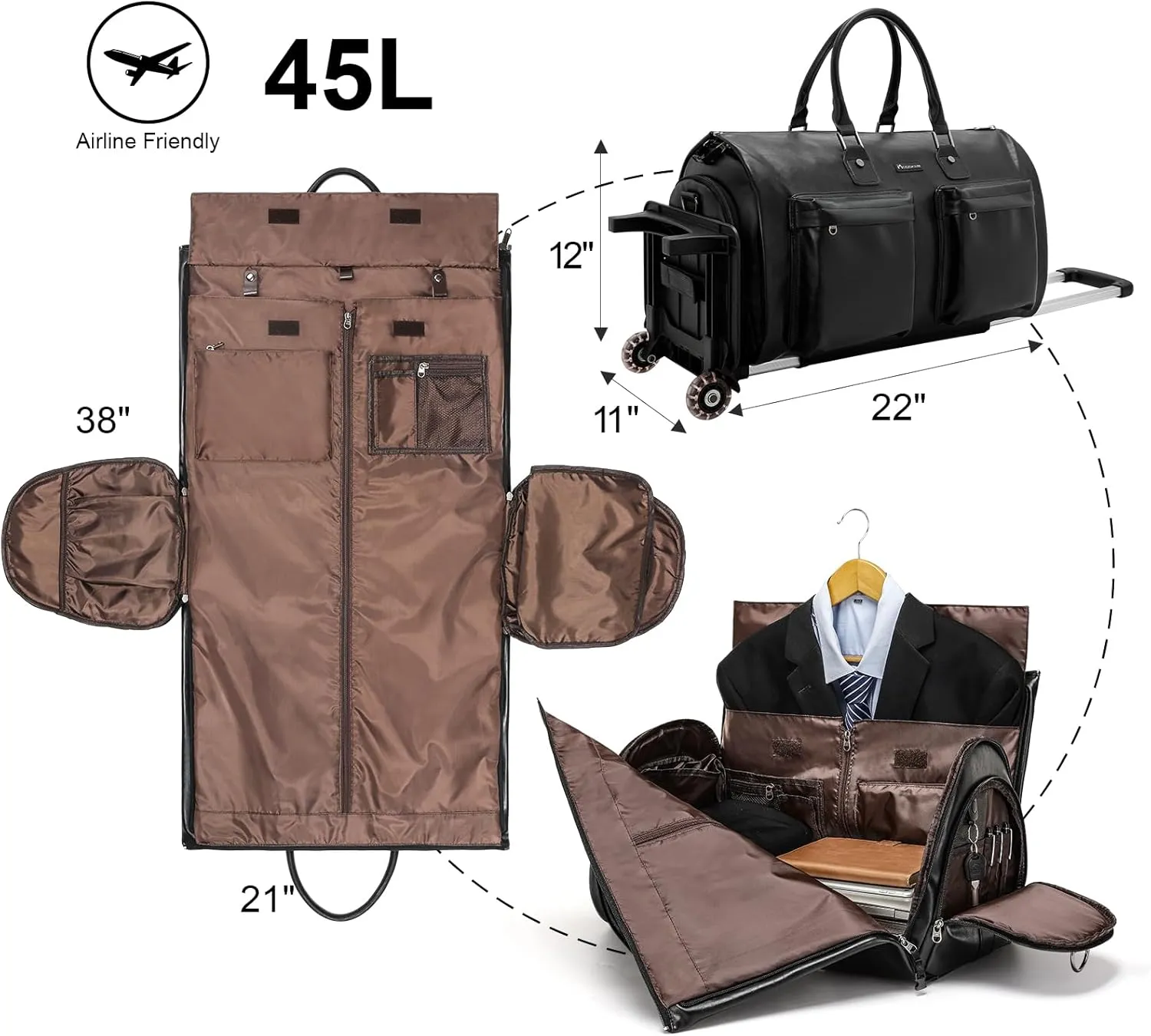 Leather Garment Bag for Travel, Modoker Carry On Suit Carrier Travel Bag with Shoulder Strap/Multiple Pockets - Ideal for Business Trips & Weekend Getaways - The Garment Duffel Bag for Traveling Men,