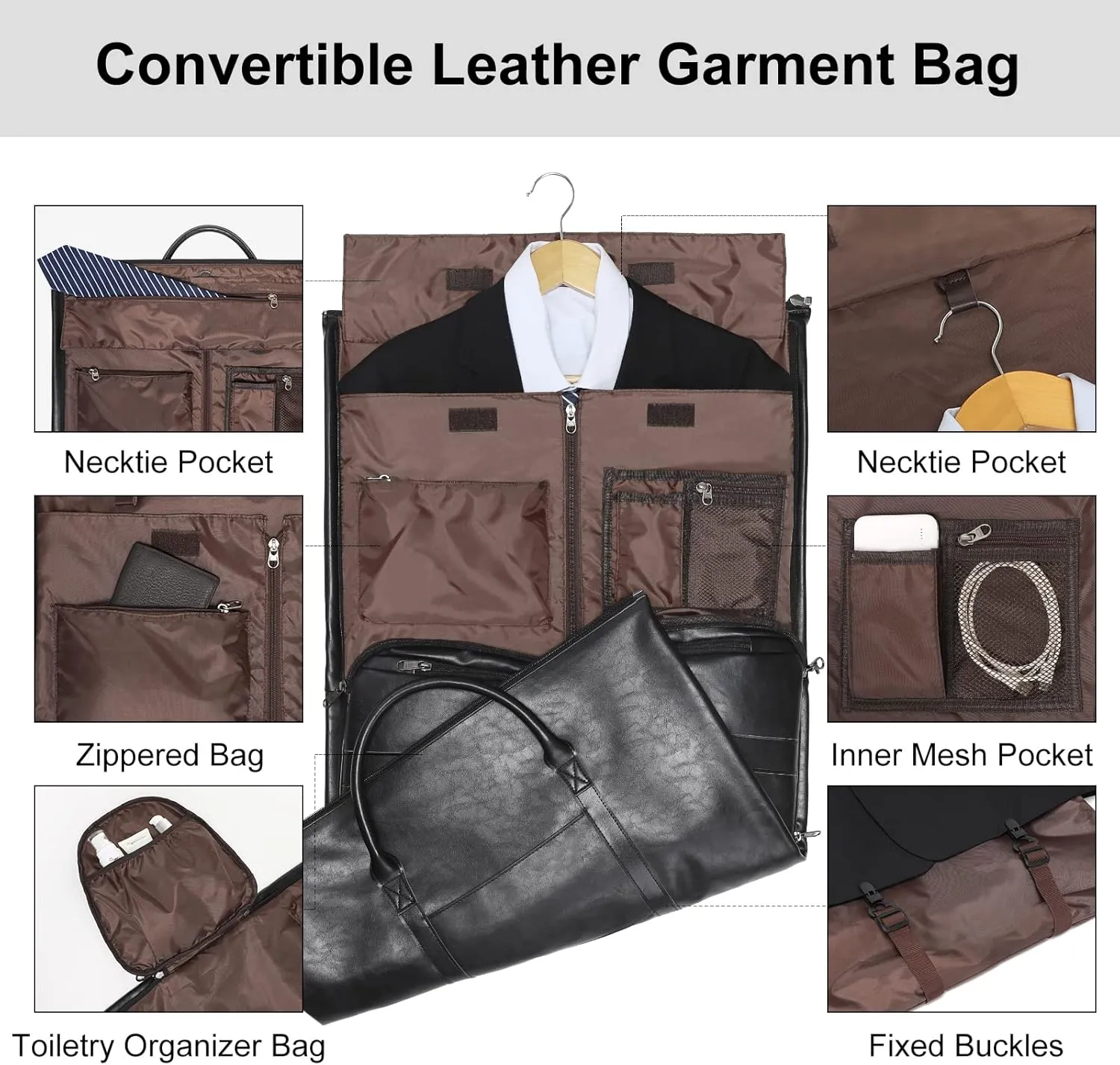 Leather Garment Bag for Travel, Modoker Carry On Suit Carrier Travel Bag with Shoulder Strap/Multiple Pockets - Ideal for Business Trips & Weekend Getaways - The Garment Duffel Bag for Traveling Men,