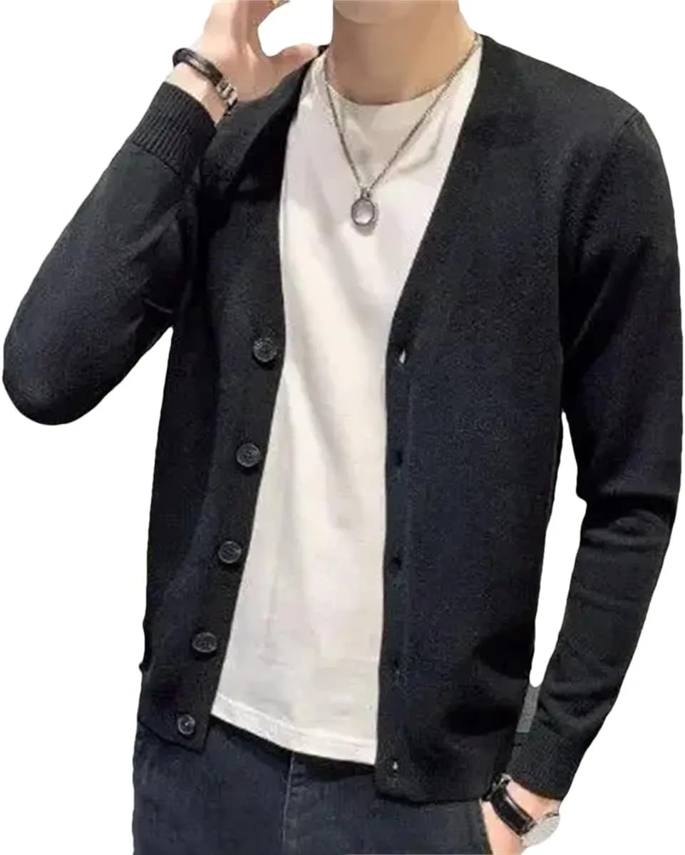 Men's Spring Knit Sweater V Neck Cardigan Elegant Wool Knitwears Black