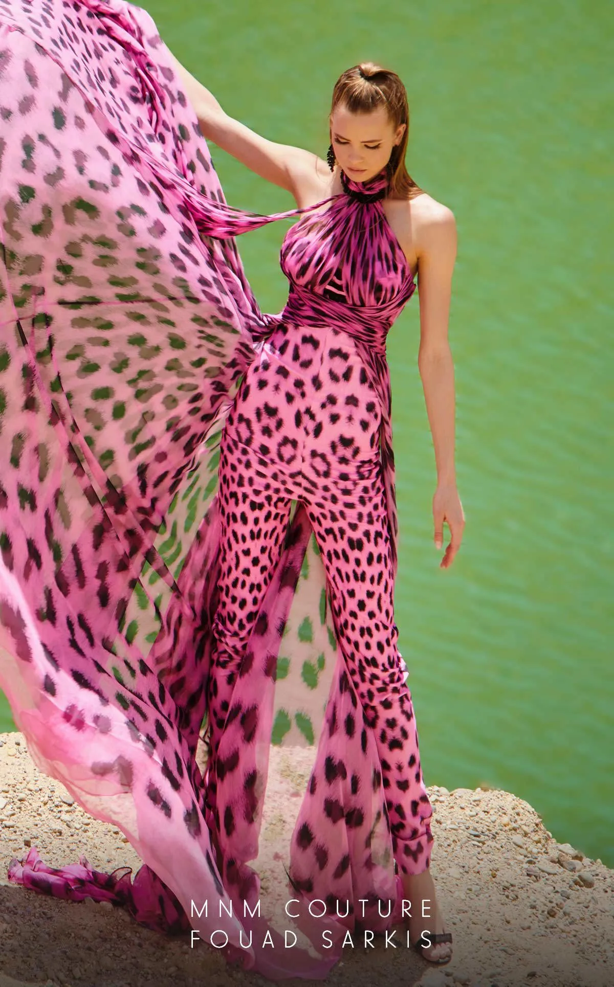 MNM Couture 2750 : Sleek Chiffon Halter Jumpsuit with Flowing Overskirt