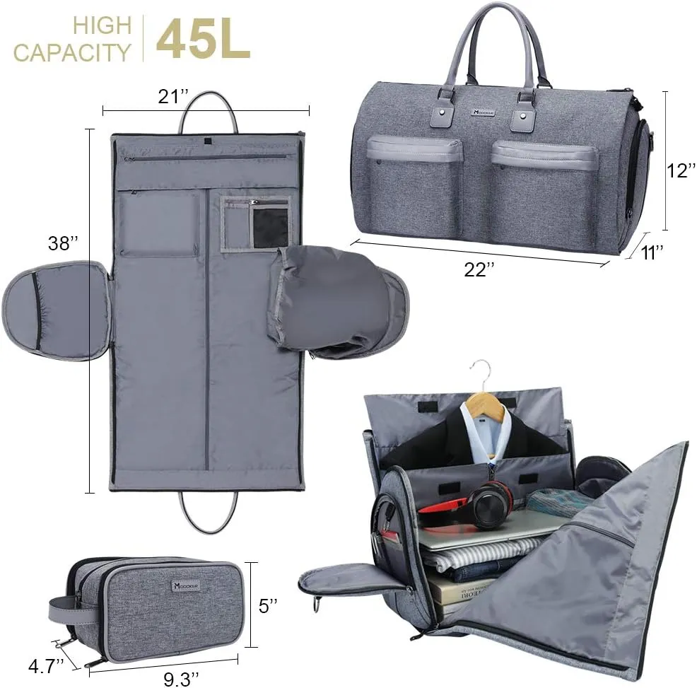 Modoker Convertible Garment Bag with Toiletry Bag, Carry On Garment Duffel Bag for Men Women Travel, Multi-Function Suit Bag 2 in 1 Hanging Suitcase, Grey