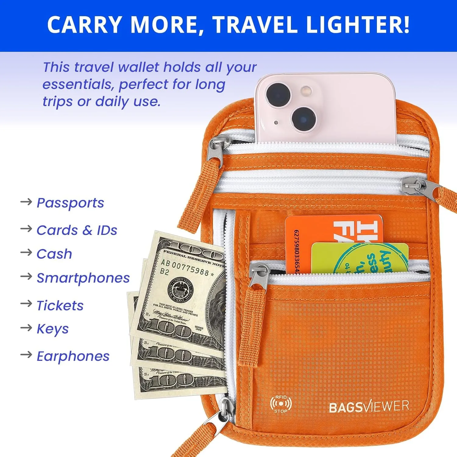 Neck Wallet, RFID Blocking Passport Holder for Travel, Waterproof and Slim Pouch with Adjustable Neck Strap for Men, Women to Secure Cash and Credit Cards, 8" × 8.5"