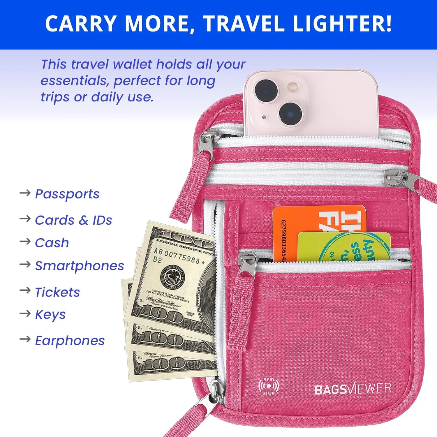 Neck Wallet, RFID Blocking Passport Holder for Travel, Waterproof and Slim Pouch with Adjustable Neck Strap for Men, Women to Secure Cash and Credit Cards, 8" × 8.5"