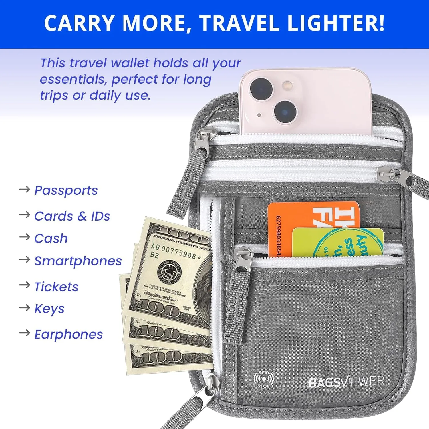 Neck Wallet, RFID Blocking Passport Holder for Travel, Waterproof and Slim Pouch with Adjustable Neck Strap for Men, Women to Secure Cash and Credit Cards, 8" × 8.5"