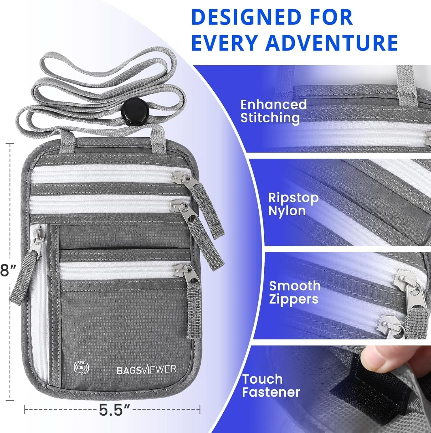 Neck Wallet, RFID Blocking Passport Holder for Travel, Waterproof and Slim Pouch with Adjustable Neck Strap for Men, Women to Secure Cash and Credit Cards, 8" × 8.5"