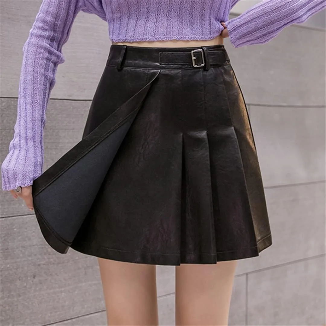 Pleated Leather Mini Skirt Elegant High-Waisted Women's Summer Skirts