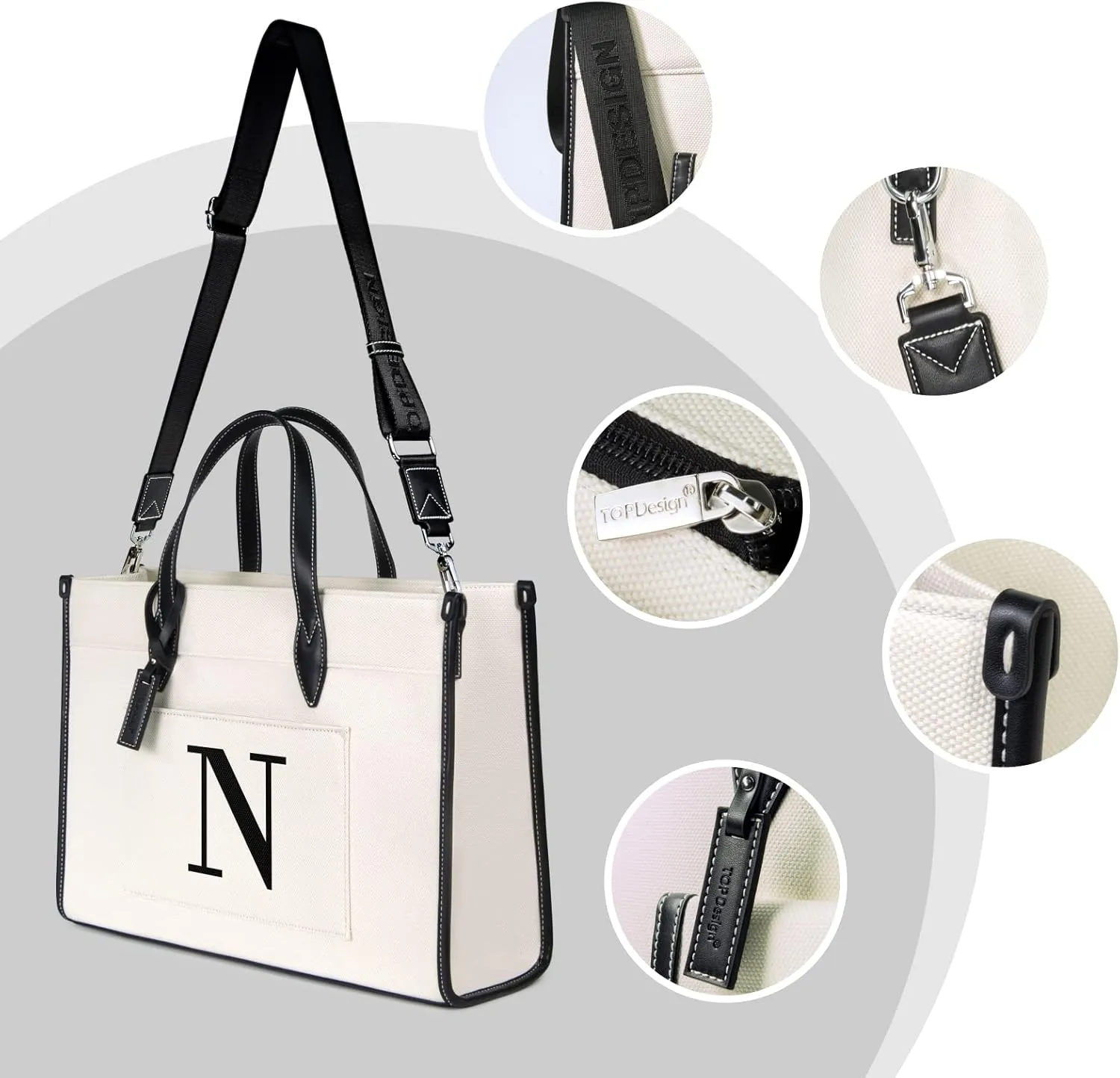 TOPDesign Initial 15.6" Laptop Tote Bag for Women, Personalized Canvas Work Purse, Business Briefcase & Office Handbag