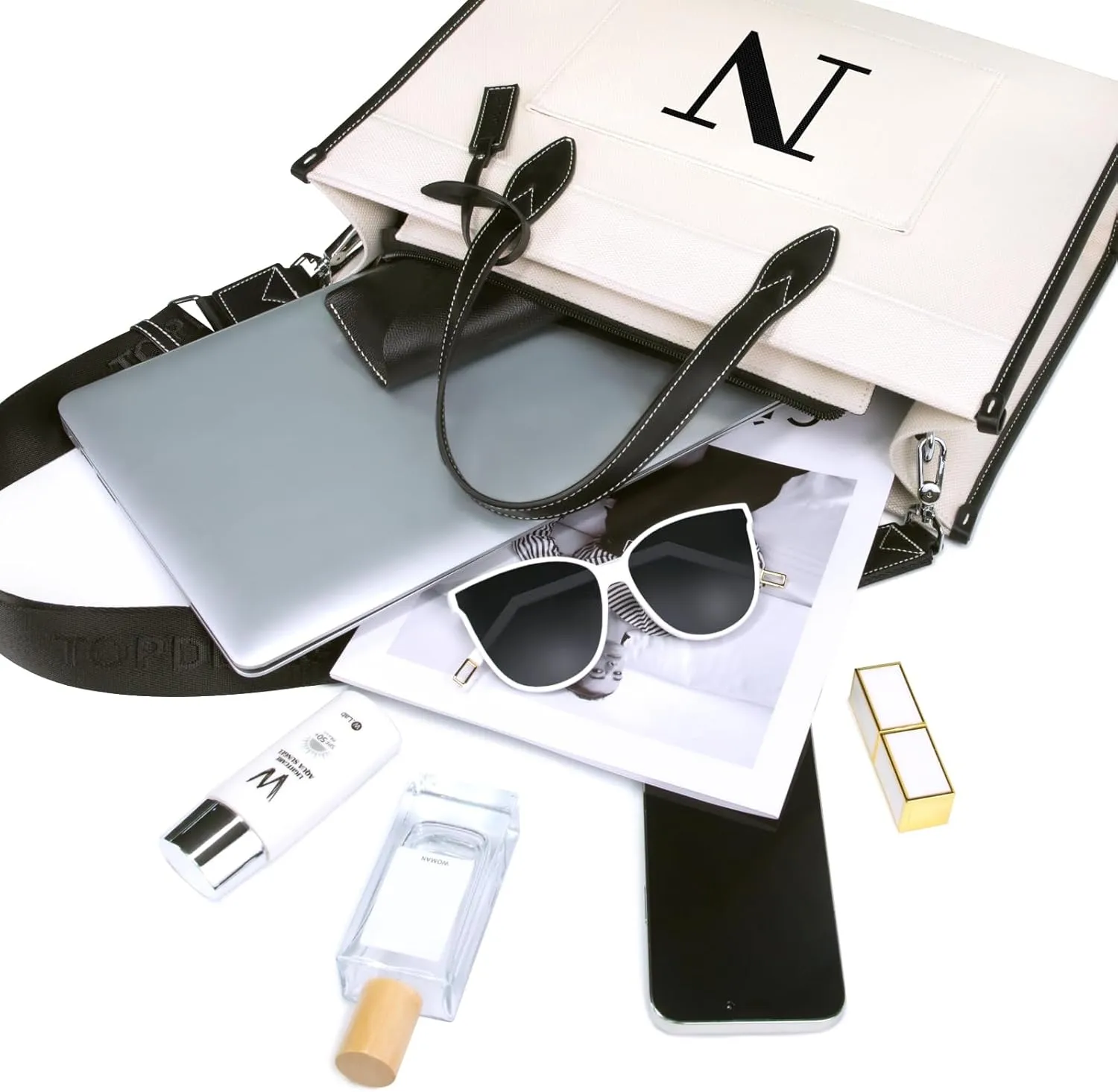 TOPDesign Initial 15.6" Laptop Tote Bag for Women, Personalized Canvas Work Purse, Business Briefcase & Office Handbag
