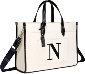 TOPDesign Initial 15.6" Laptop Tote Bag for Women, Personalized Canvas Work Purse, Business Briefcase & Office Handbag