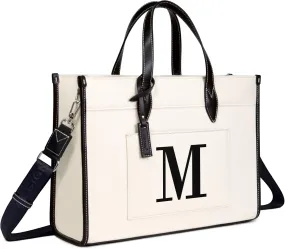 TOPDesign Initial 15.6" Laptop Tote Bag for Women, Personalized Canvas Work Purse, Business Briefcase & Office Handbag
