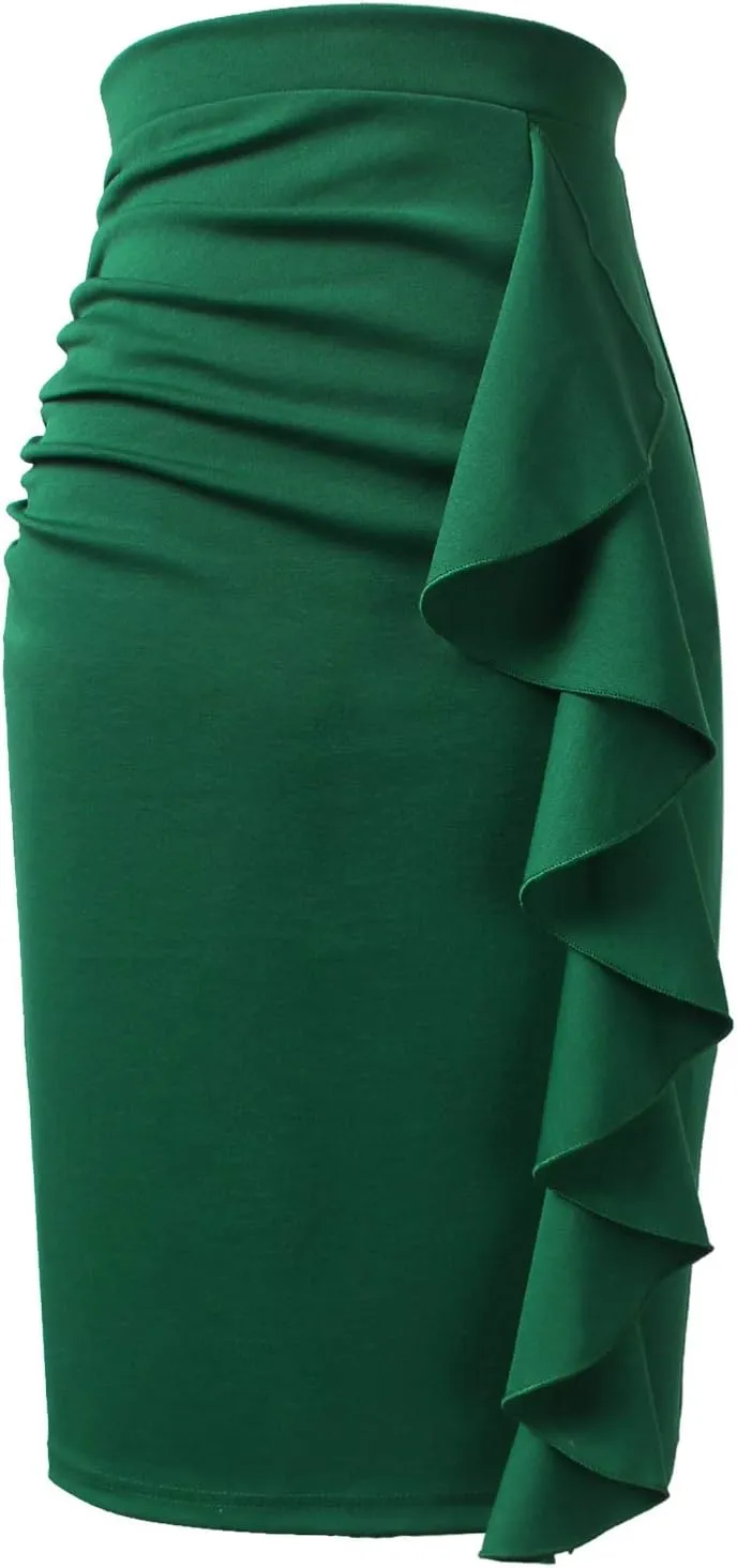 VFSHOW Women Elegant Ruched Ruffle Slit Work Business Party Pencil Skirt