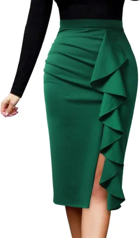 VFSHOW Women Elegant Ruched Ruffle Slit Work Business Party Pencil Skirt