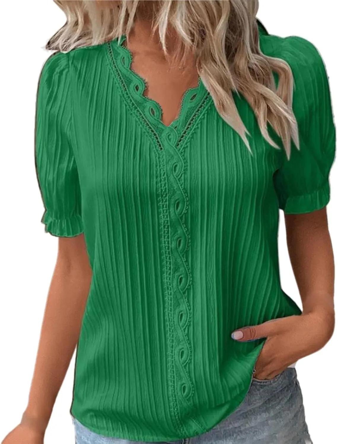Women Summer Lace V Neck Plain Lace Elegant Shirt Solid Color Elegant Short Sleeve Comfy Flattering Tunic Tops for Women