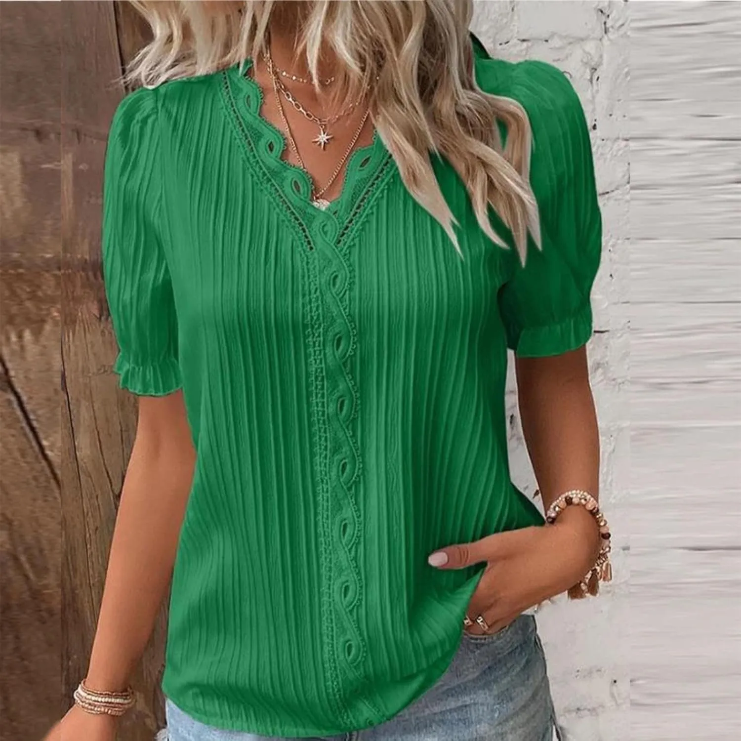 Women Summer Lace V Neck Plain Lace Elegant Shirt Solid Color Elegant Short Sleeve Comfy Flattering Tunic Tops for Women