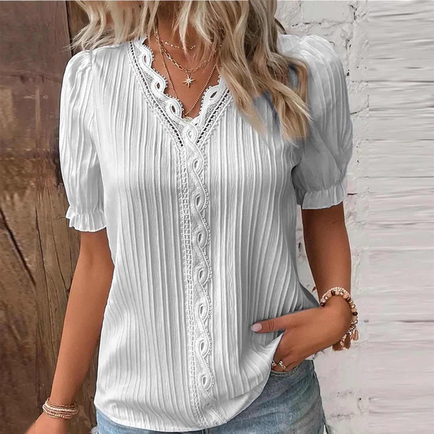 Women Summer Lace V Neck Plain Lace Elegant Shirt Solid Color Elegant Short Sleeve Comfy Flattering Tunic Tops for Women