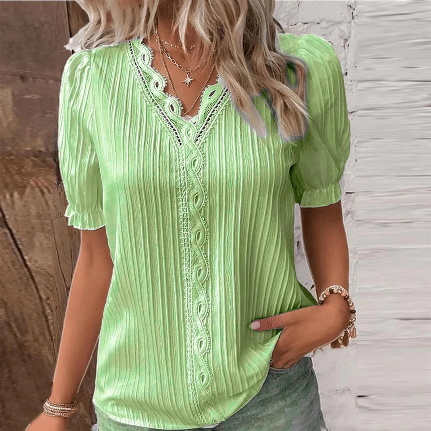 Women Summer Lace V Neck Plain Lace Elegant Shirt Solid Color Elegant Short Sleeve Comfy Flattering Tunic Tops for Women