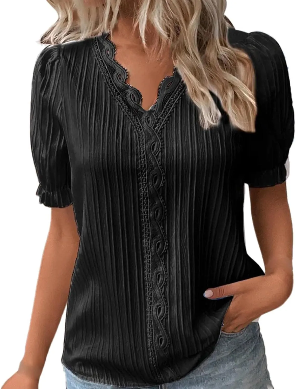 Women Summer Lace V Neck Plain Lace Elegant Shirt Solid Color Elegant Short Sleeve Comfy Flattering Tunic Tops for Women