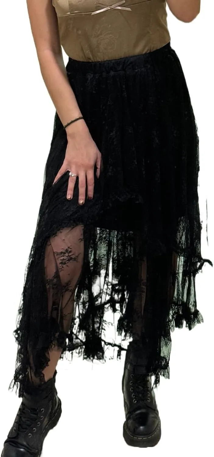 Women's Elegant Black Lace Cascading Tiered High Waist Maxi Skirt