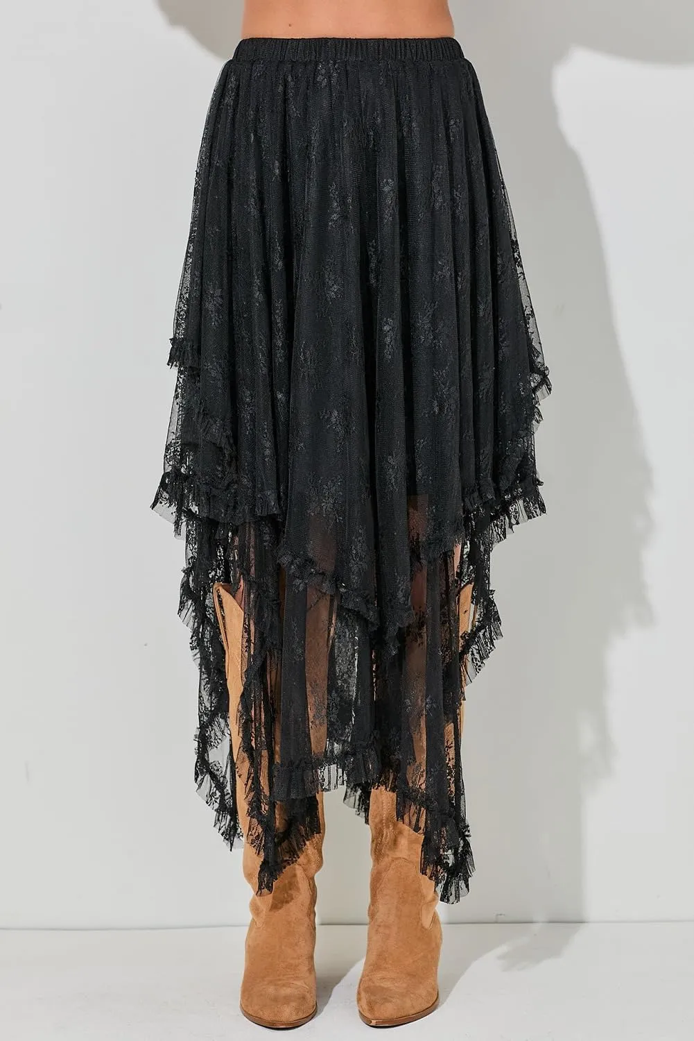 Women's Elegant Black Lace Cascading Tiered High Waist Maxi Skirt