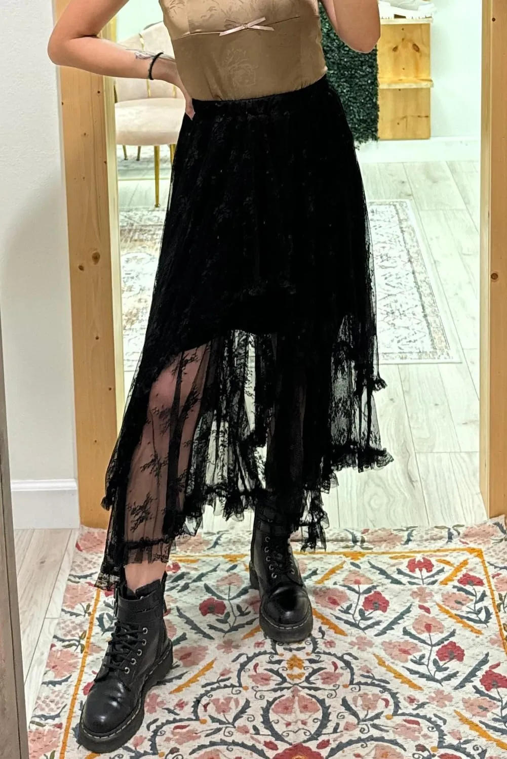 Women's Elegant Black Lace Cascading Tiered High Waist Maxi Skirt