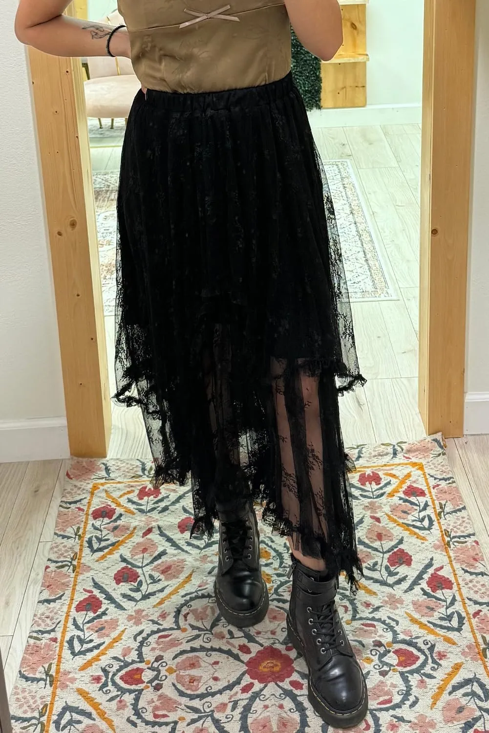 Women's Elegant Black Lace Cascading Tiered High Waist Maxi Skirt