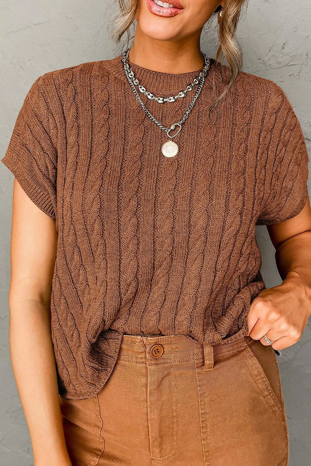 Women's Elegant Light French Beige Cable Knit Short Sleeve Sweater