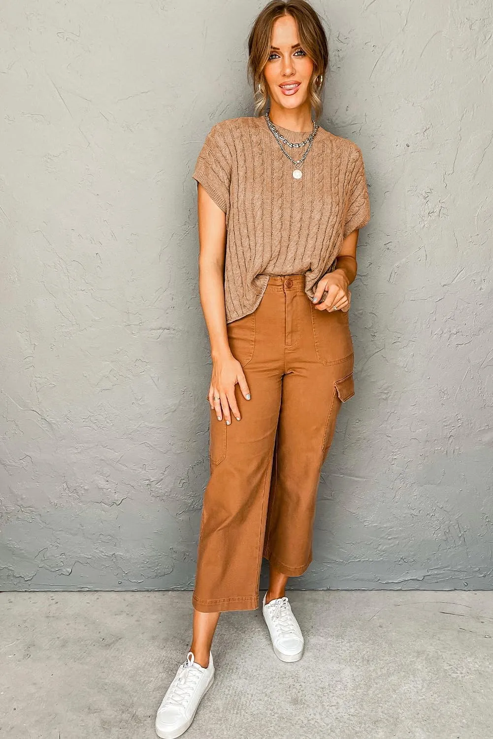 Women's Elegant Light French Beige Cable Knit Short Sleeve Sweater