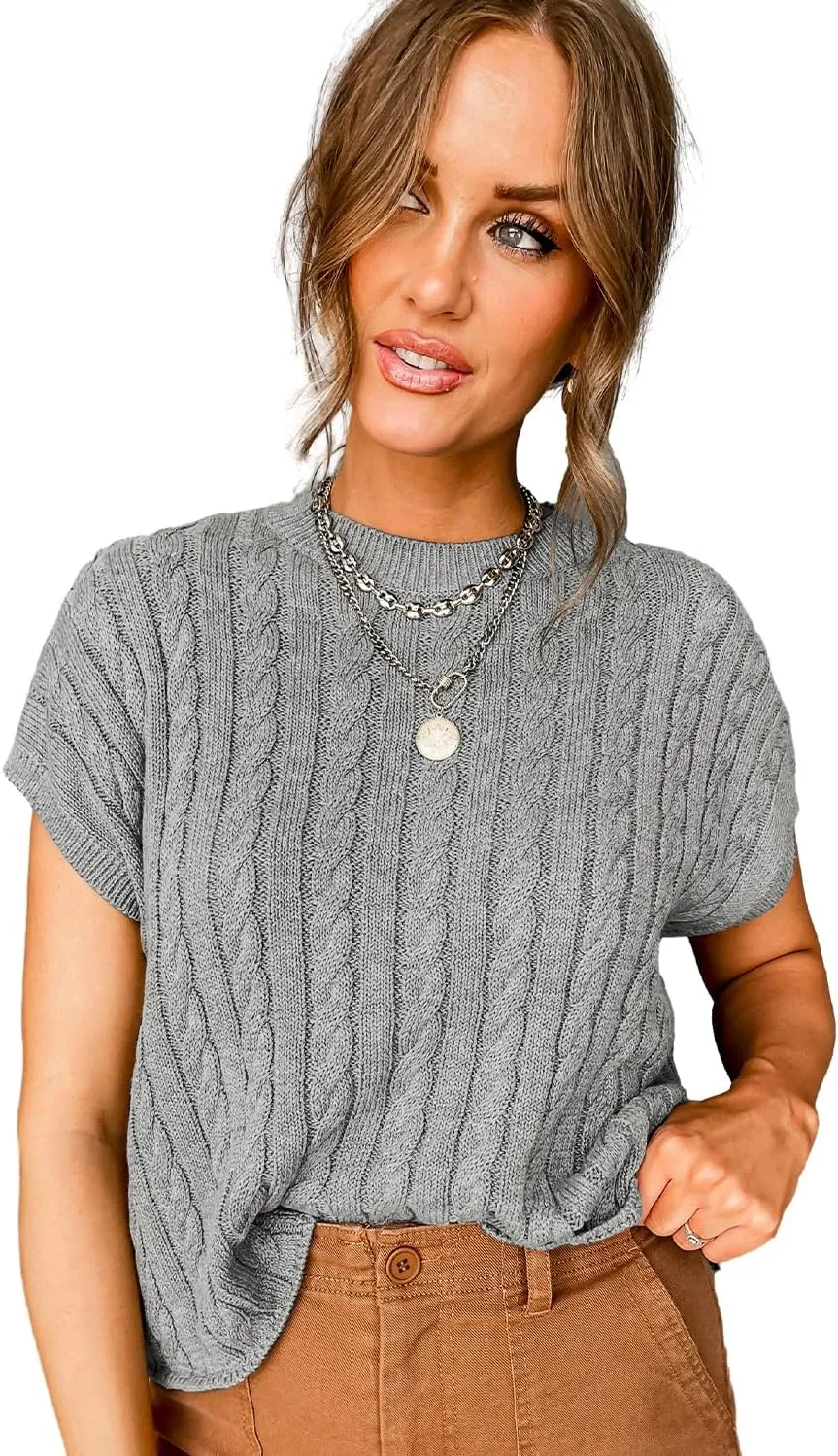 Women's Elegant Light French Beige Cable Knit Short Sleeve Sweater