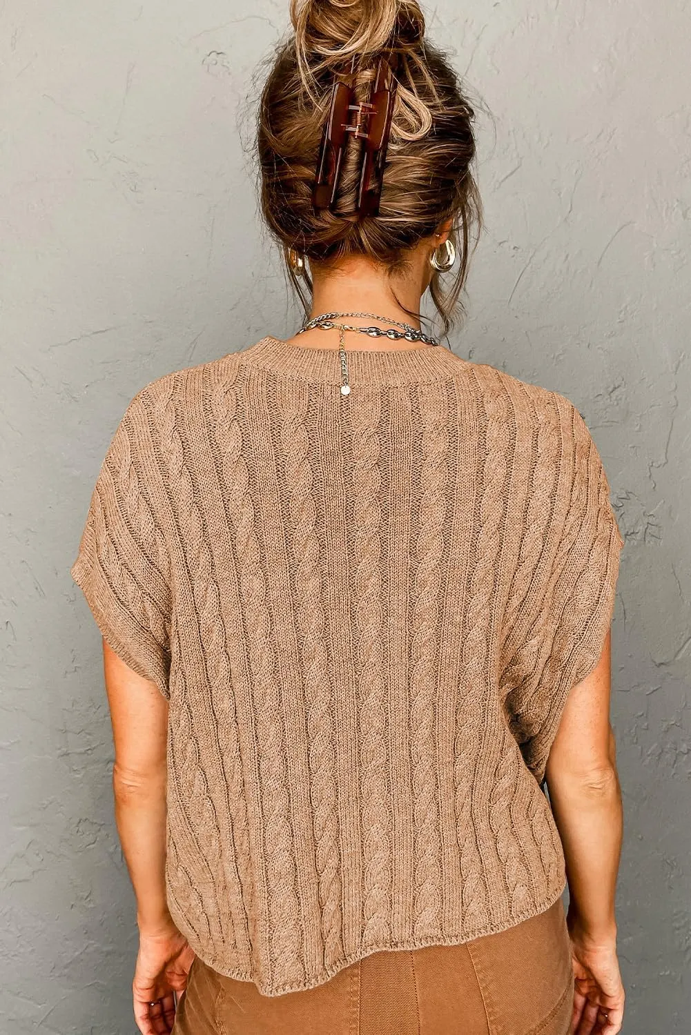 Women's Elegant Light French Beige Cable Knit Short Sleeve Sweater