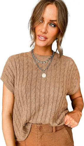 Women's Elegant Light French Beige Cable Knit Short Sleeve Sweater