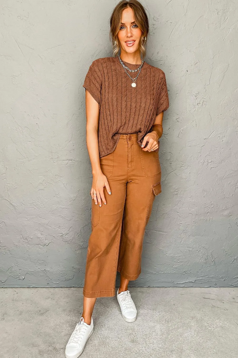 Women's Elegant Light French Beige Cable Knit Short Sleeve Sweater