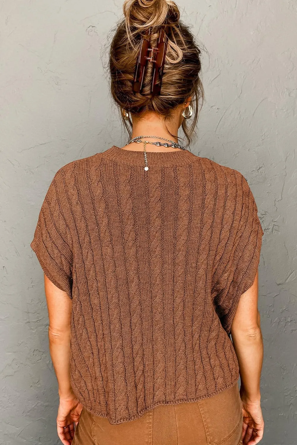 Women's Elegant Light French Beige Cable Knit Short Sleeve Sweater