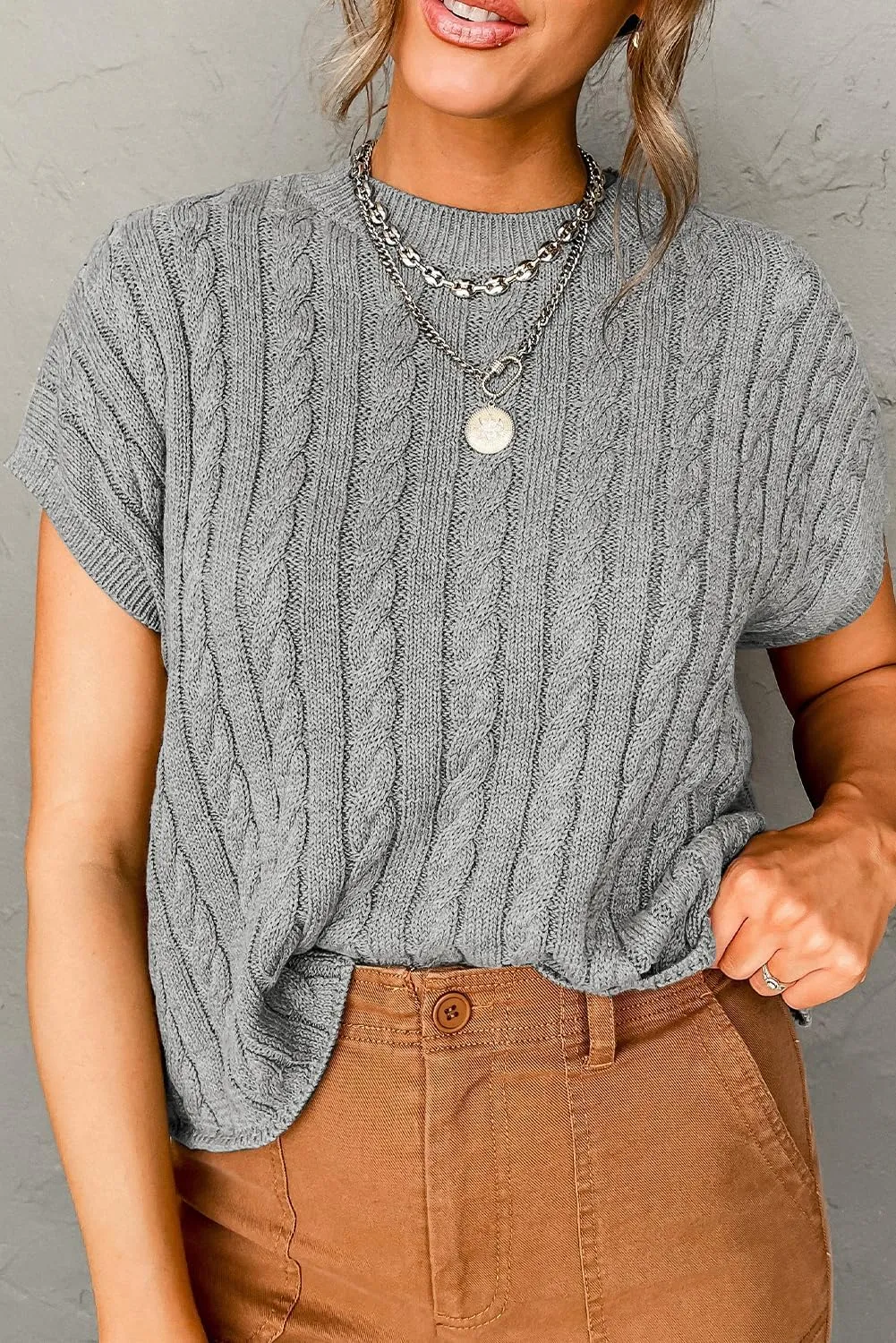 Women's Elegant Light French Beige Cable Knit Short Sleeve Sweater
