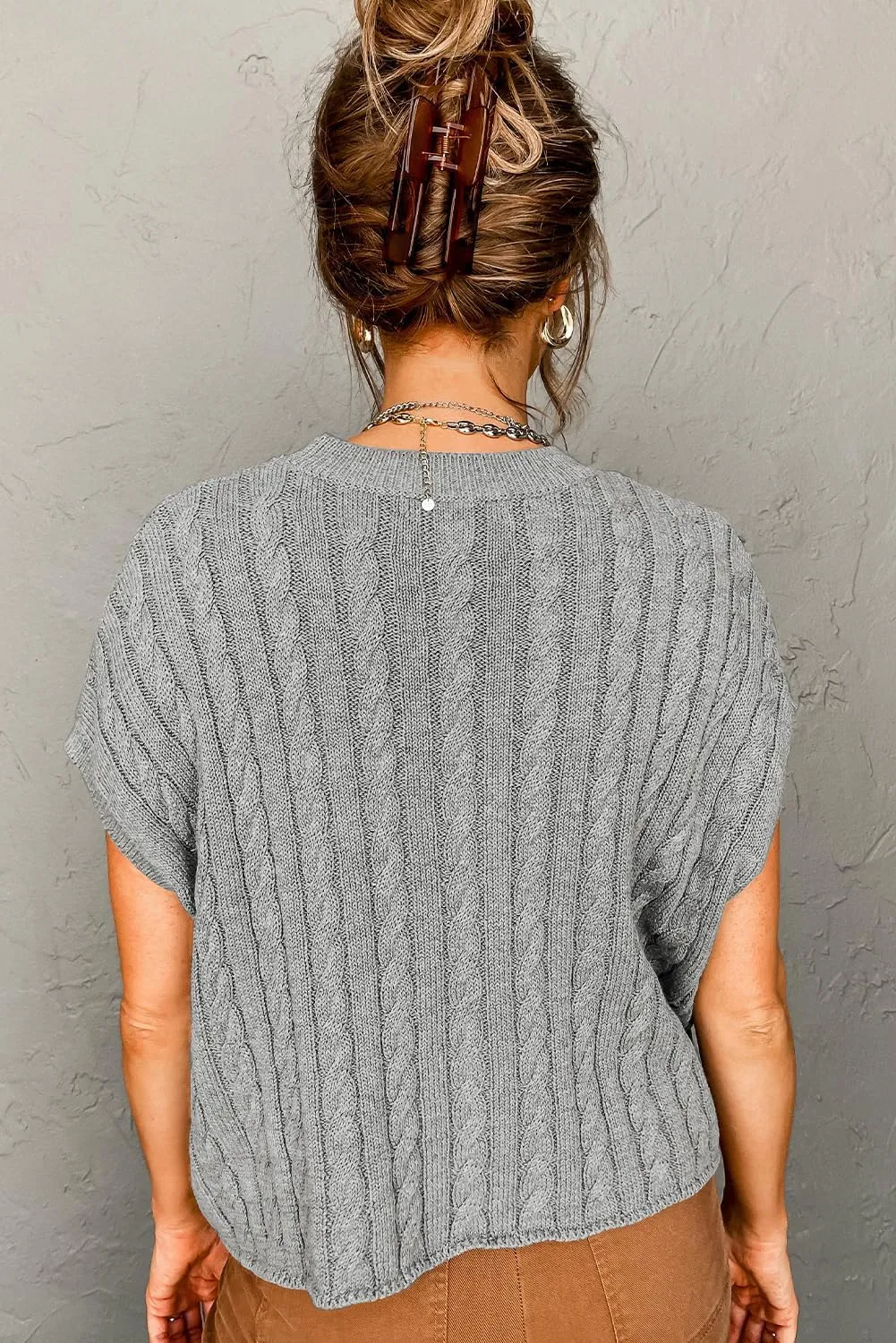 Women's Elegant Light French Beige Cable Knit Short Sleeve Sweater